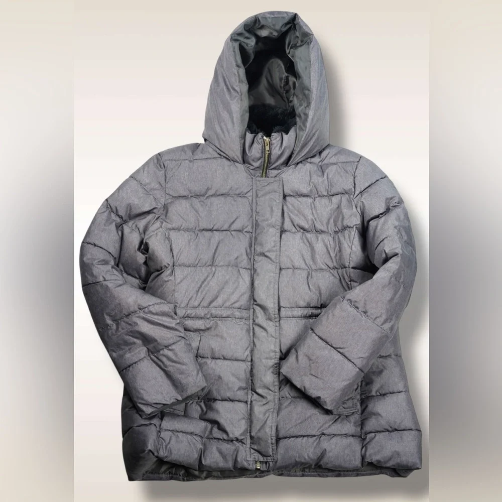 GAP Mid Puffer Jacket Silver Heather Hooded Faux-Fur Lined – Women’s Size XL